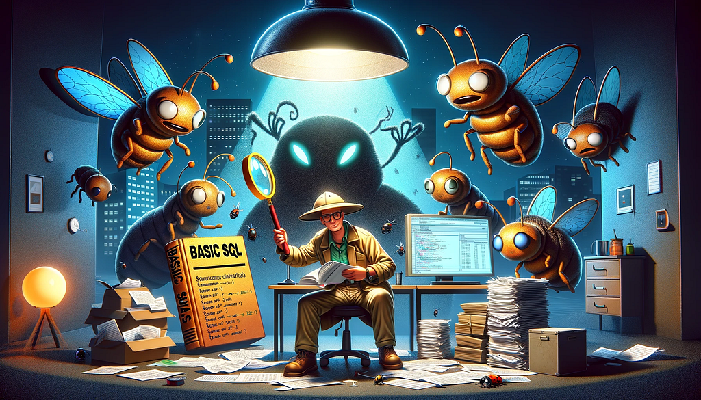 Comic style humorous image that features an exaggerated, cartoon-style scene where an explorer-analyst, armed with a safari hat, magnifying glass, and net, tackles oversized, cartoonish “bugs” that represent SQL errors and confusions.