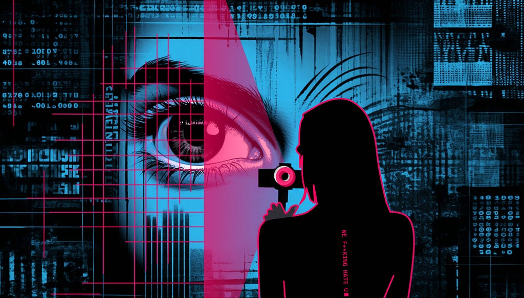 Abstract image of silhouette of someone taking a biometric scan of a face.