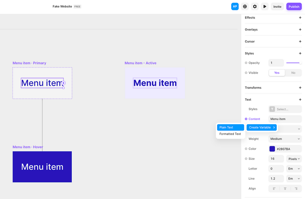 Create a plain text variable for the menu item component in Framer