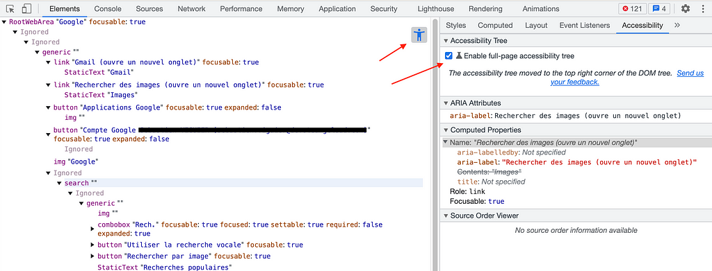 Caption explaining how to enable the Accessibility Tree in Chrome Dev Tools