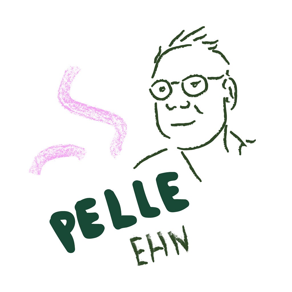 Sketch of Pelle Ehn, person with glasses looking into middle distance
