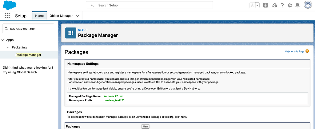 Image of the Package Manager screen within the Setup menu