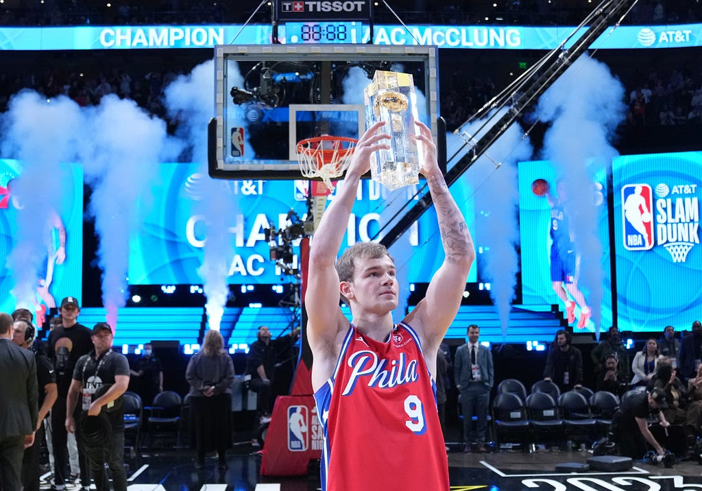Feb 18, 2023; Salt Lake City, UT, USA; Philadelphia 76ers guard Mac McClung (9) celebrates with the trophy after winning the Dunk Contest during the 2023 All Star Saturday Night at Vivint Arena. Credit: Kyle Terada-USA TODAY Sports