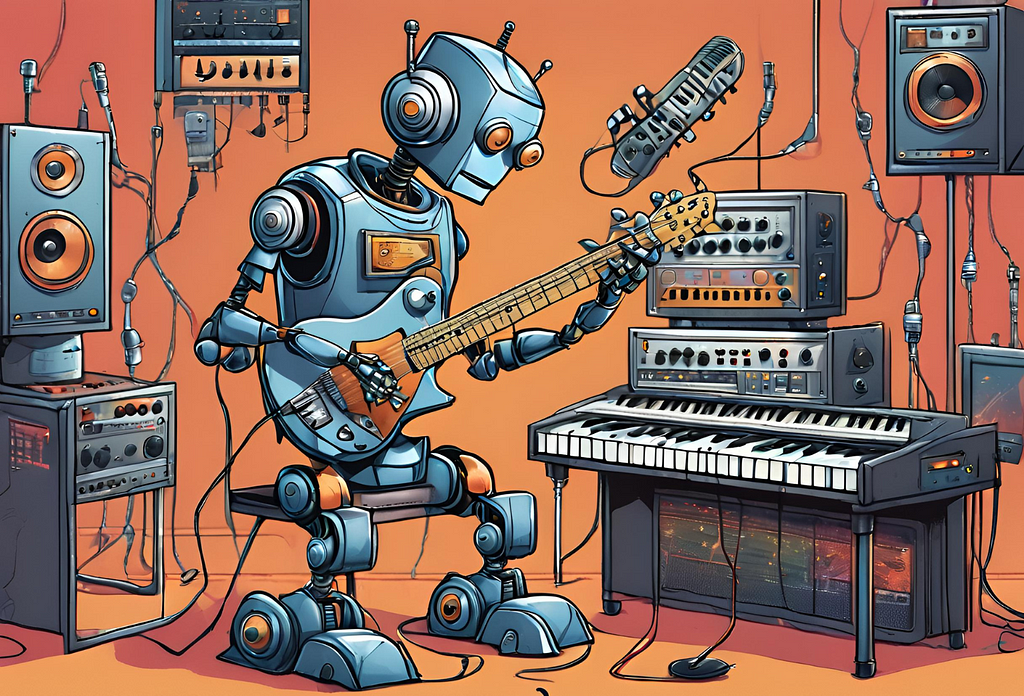 A robot holding a guitar, in a room with speakers, amplifiers and a piano keyboard.