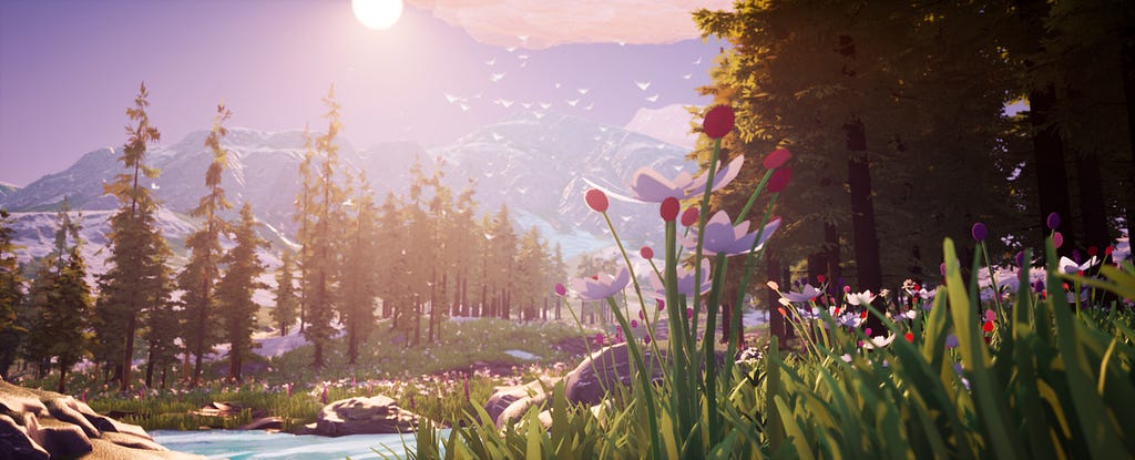 A meadow with small pink flowers, a gentle stream, and tall trees, with sunlight streaming in over the mountains in the distance.