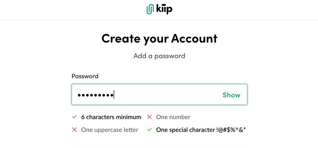 A password input with a show button and 4 password requirements.