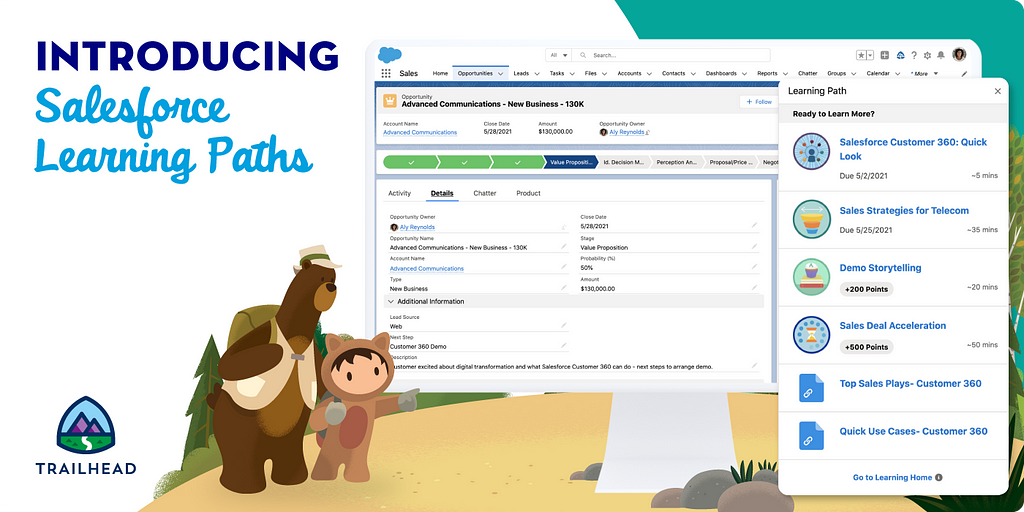 Trailhead characters, Codey and Astro, point to a screenshot of new Salesforce Learning Paths while standing on a hilltop surrounded by trees, rocks, and plants.