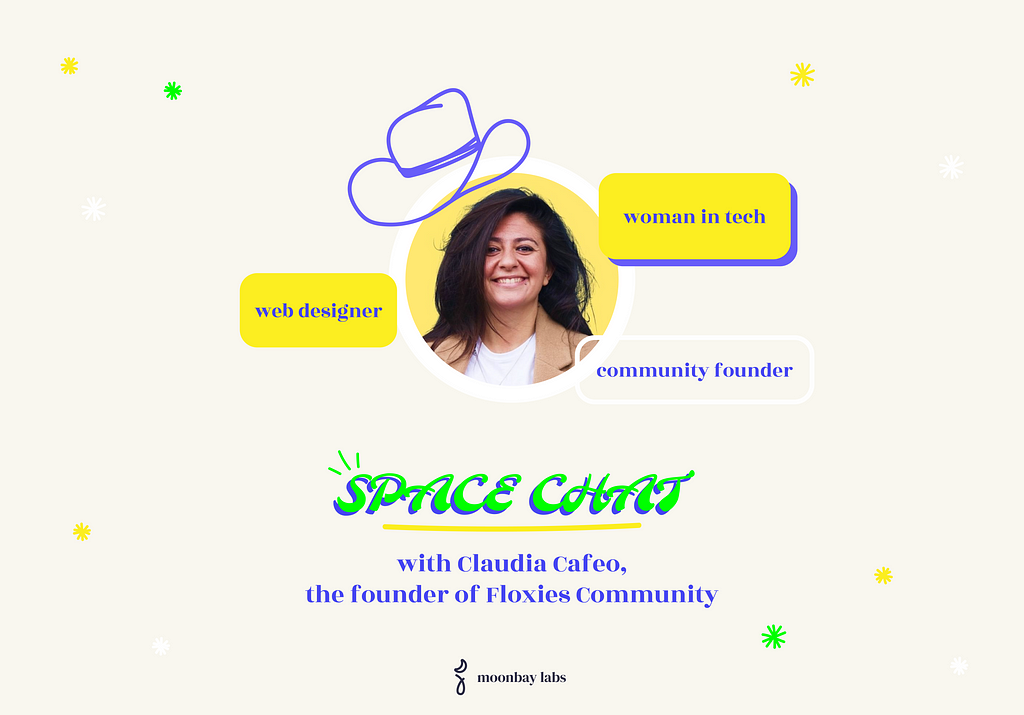 A cover image showing Claudia Cafeo and the title of the article. There are also inscriptions describing Claudia as a woman in tech, web designer, and community founder. There are also stars around and the image is very colorful and fun.