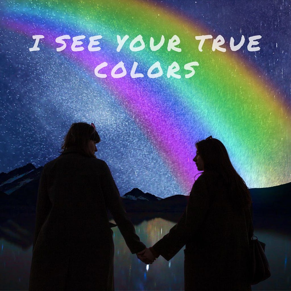 Two women holding hands while gazing at each other longingly underneath the rainbow starry night.