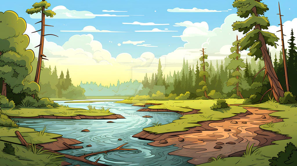 A drawing of a calm river in a forest