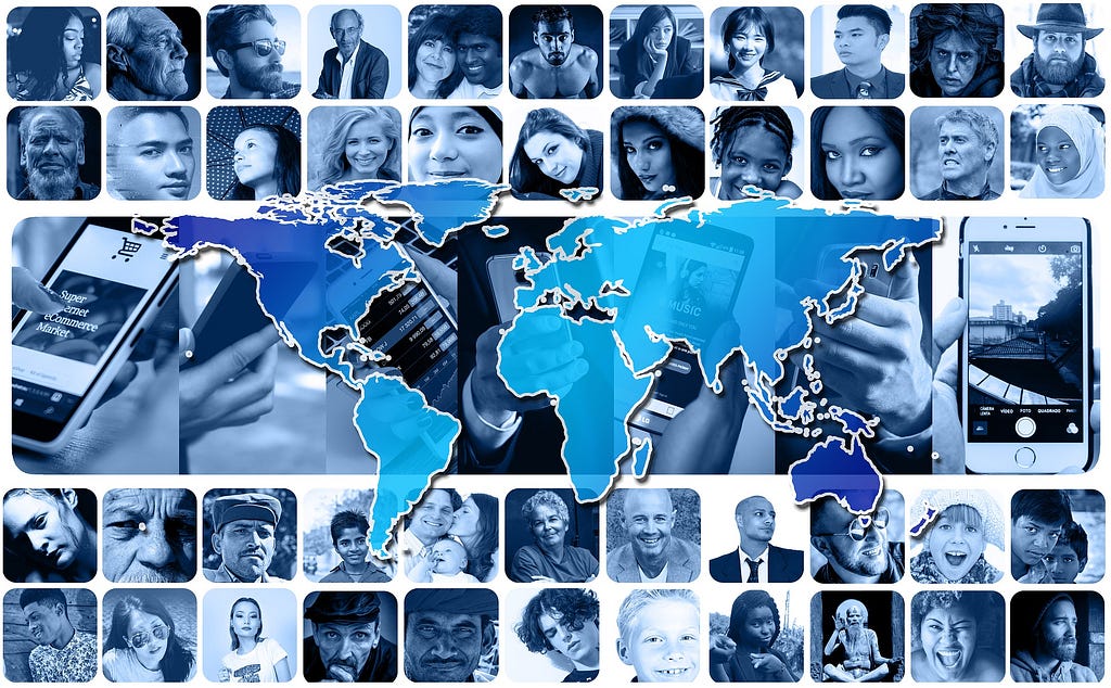 A grid of peoples’ faces of  various ethnic backgrounds, overlaid by a map of the world, and an iPhone on both sides.