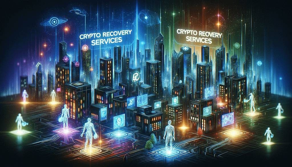 crypto recovery services skyscrapers in cyberpunk style