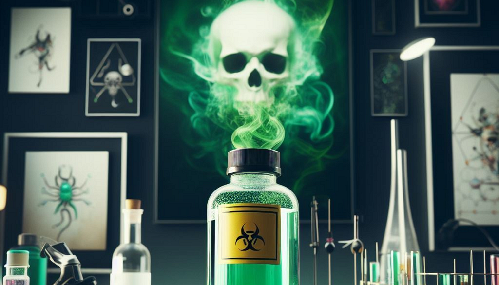 An image depicting a poison bottle as the central focus, surrounded by various artworks. The setting is technological, with green gases swirling around the objects on the table. The lighting is dramatic, highlighting the poison bottle and casting shadows on the artworks.