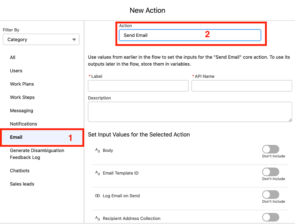 Screenshot of the steps related to the email action