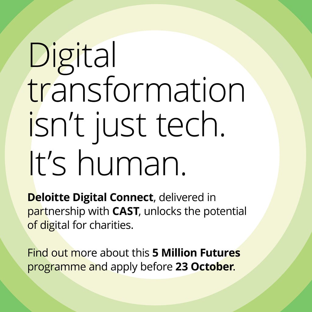 Digital transformation isn’t just tech. It’s human. Deloitte Digital Connect, delivered in partnership with CAST, unlocks the potential of digital for charities. Find out more about this 5 Million Futures programme and apply before 23 October.