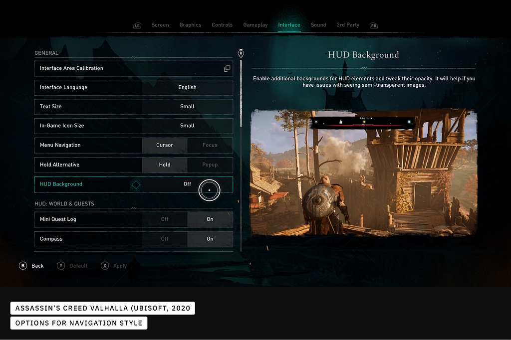 Assasins Creed settings for menu navigation type