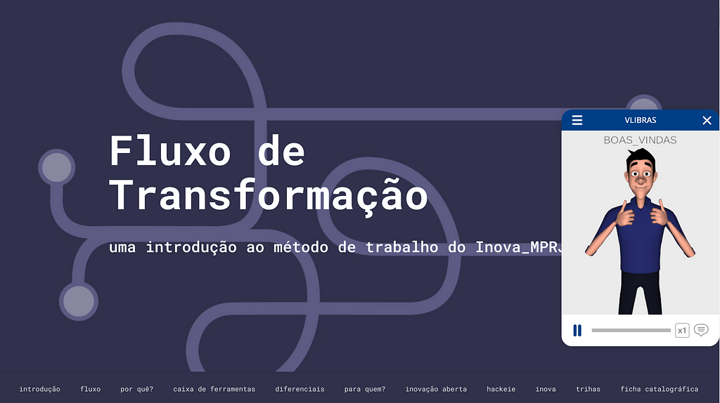 Capa do relatório do Fluxo de Transformação com avatar do plugin V Libras sinalizando “boas vindas”