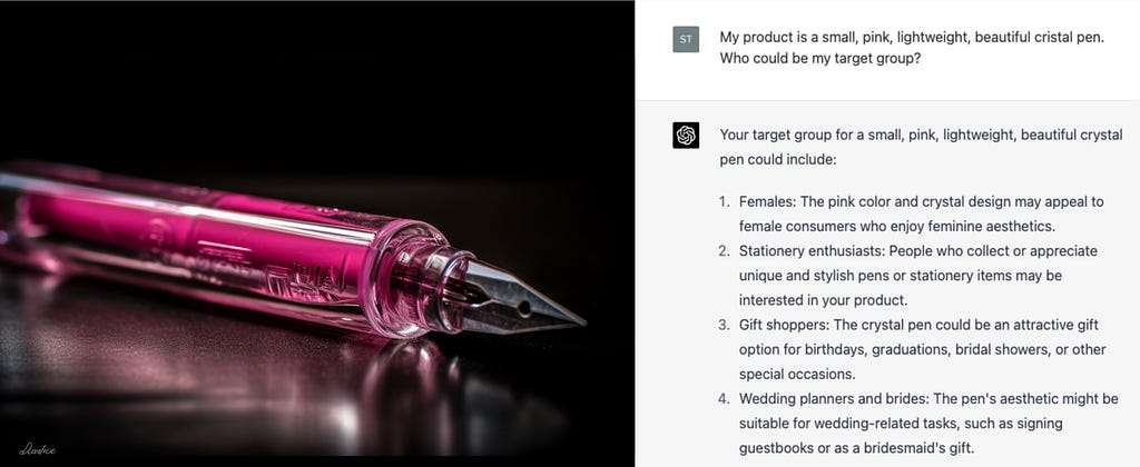 A small, pink, lightweight, cristal pen and a creenshot of ChatGPT deriving a suitable target group for this product