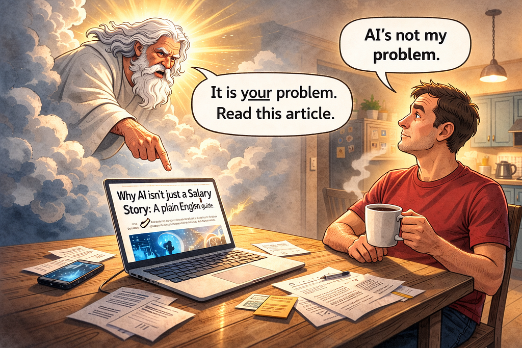 Cartoon illustration of a man at a kitchen table saying “AI is not my problem” while a cloud-surrounded figure labeled as God points at a laptop and replies, “It is your problem. Read this article.