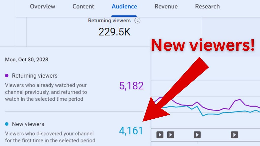 A screen shot of my daily analytics on youtube showing the ratio of new and returning viewers