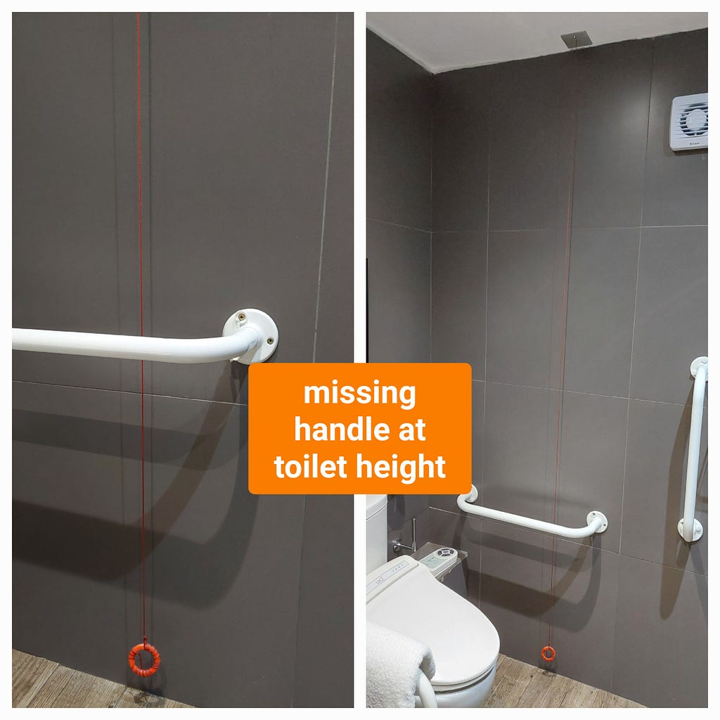 two images of the emergency pull cord in the ensuite. The cord is hanging freely and the bottom handle is at the correct height. However, there is no handle at toilet height.