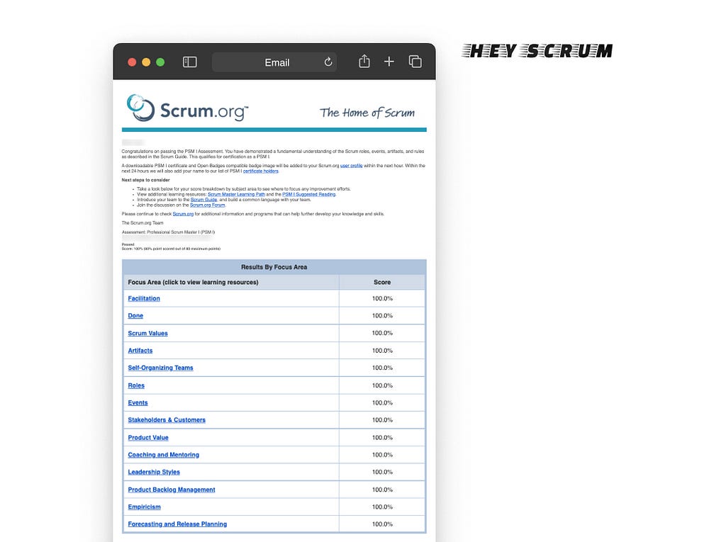 Emailed exam results for PSM I certification assessment from Scrum.org based on the Definitive Guide from HeyScrum