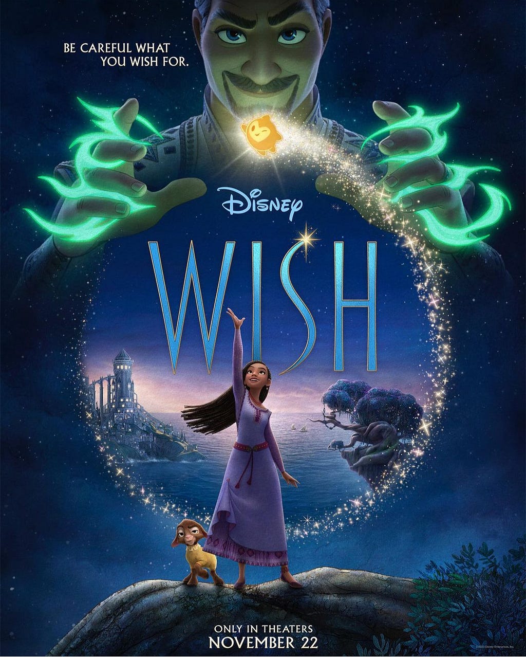 Poster advertising Disney’s “Wish” movie, featuring Asha reaching toward the sky with King Magnifico above her, smiling conspiratorially at the viewer.