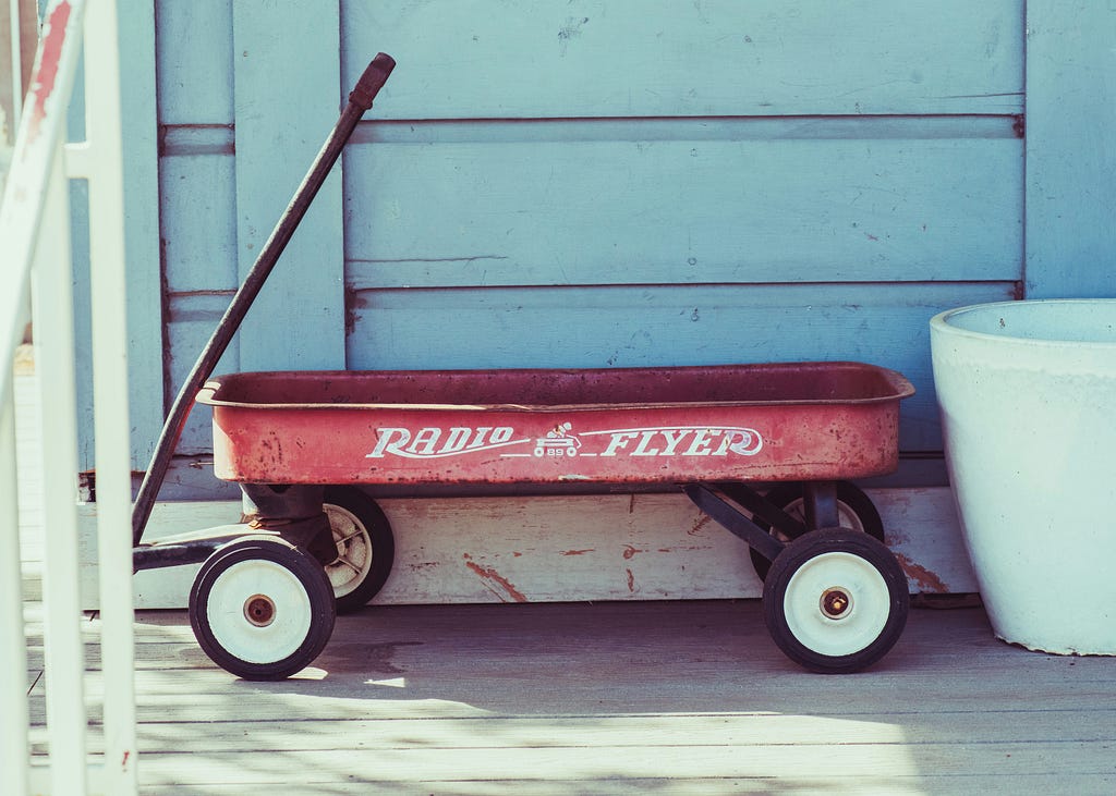 Red Radio Flyer pull wagon with four wheels that we may purchase if our dog is unable to walk normally.