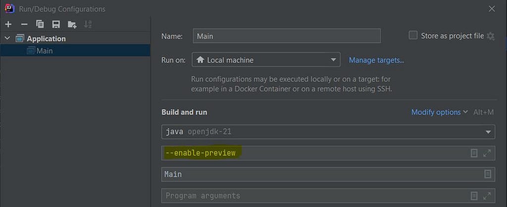 Capture showing how to add the — enable-preview VM Option in Intellij