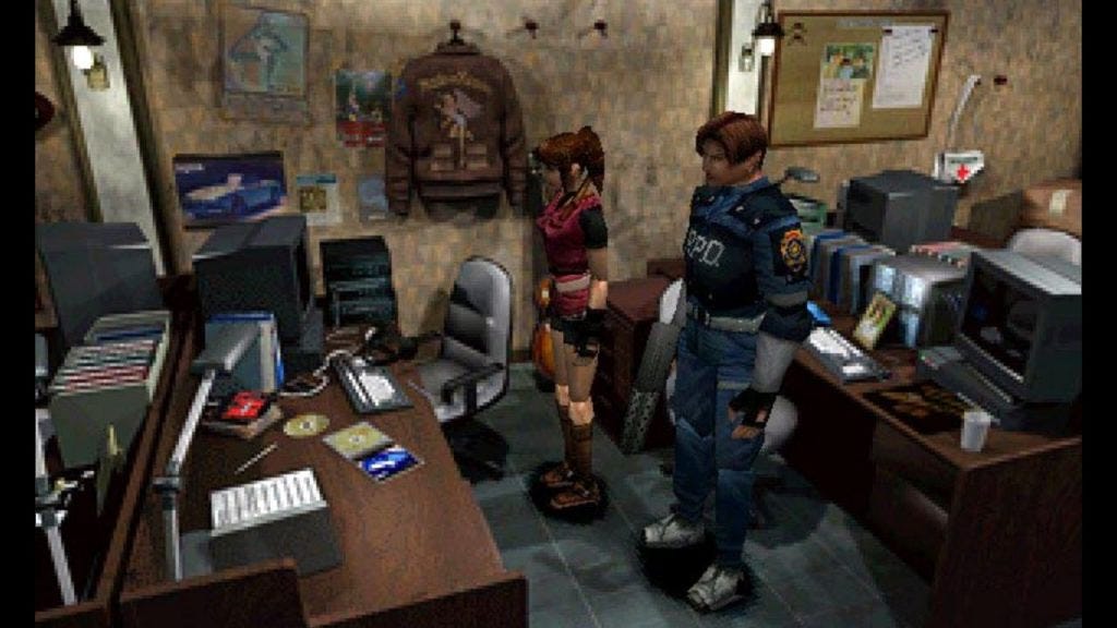 A screenshot from Resident Evil 2, featuring both main characters standing in an office location.