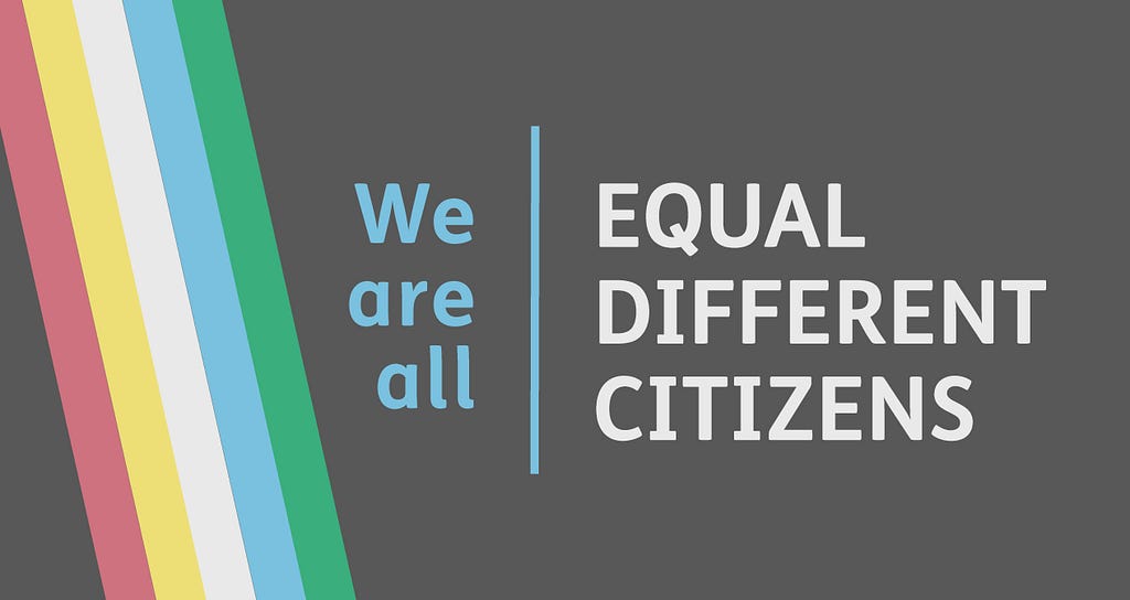 Dark banner with the disability pride flag on one side. The text reads: We are all equal. We are all different. We are all citizens.