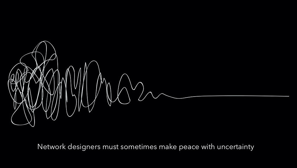 Extremely messy, squiggly line on the left end resolving into an uncluttered smooth pen stroke at the right end. My added text says “Network designers must sometimes make peace with uncertainty.”