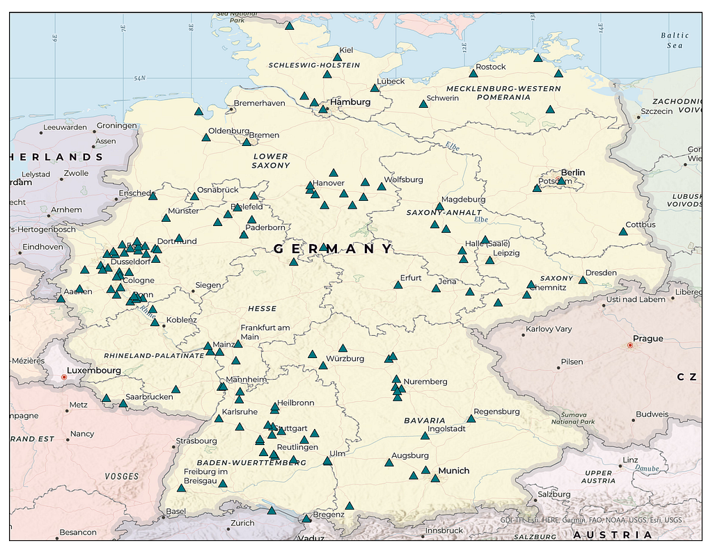 A map showing the cities with shared, dockless micromobility operations in Germany, as of June 2023.