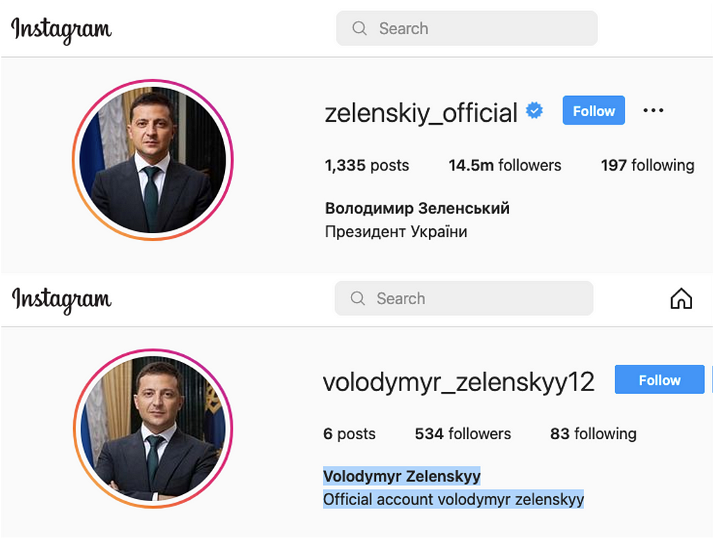 Official and impersonation accounts of the president of Ukraine on Instagram