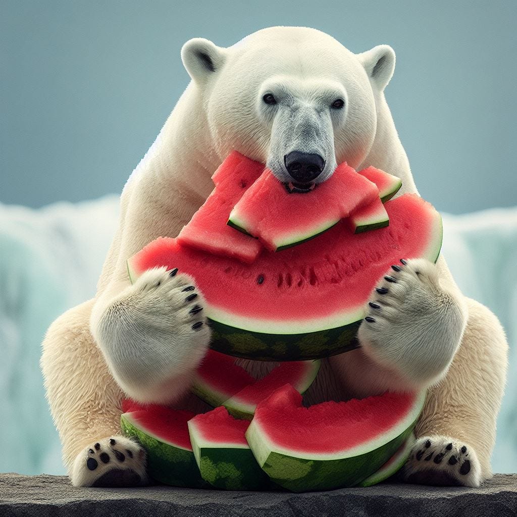 A Polar bear sitting on its hind legs, eating watermelon
