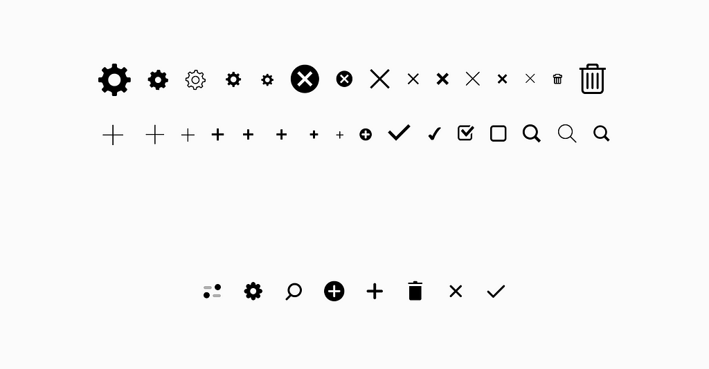 A selection of icons used in Voog’s UI before (up) and after (below) building the design system