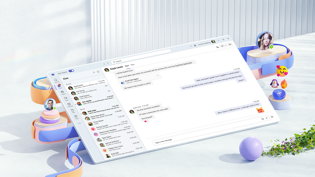 A colorful, 3D rendered image of the new Teams experience. A layer of UI is show that depicts the chat and channels experience, along with playful elements such as emoji and profile pictures.