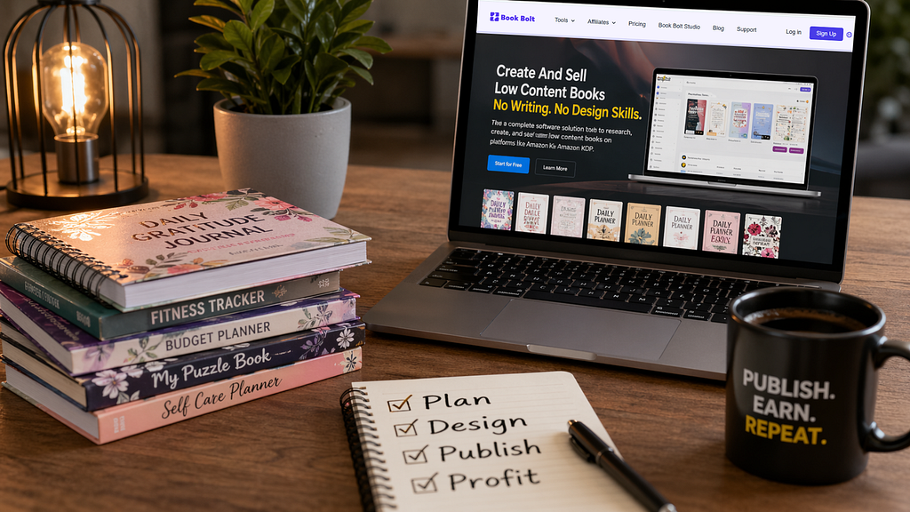 Laptop with book design software and stack of journals on a desk workspace
