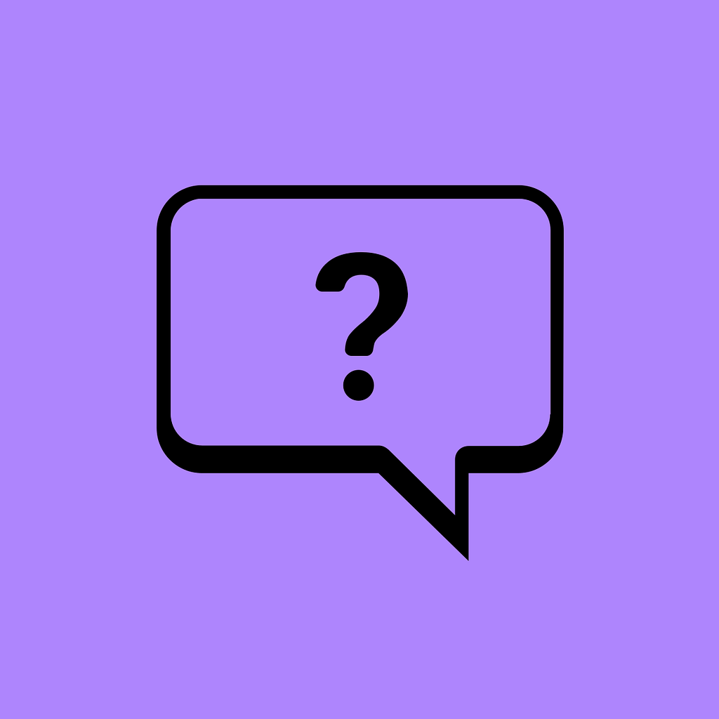A question mark in a speech bubble against a purple background.