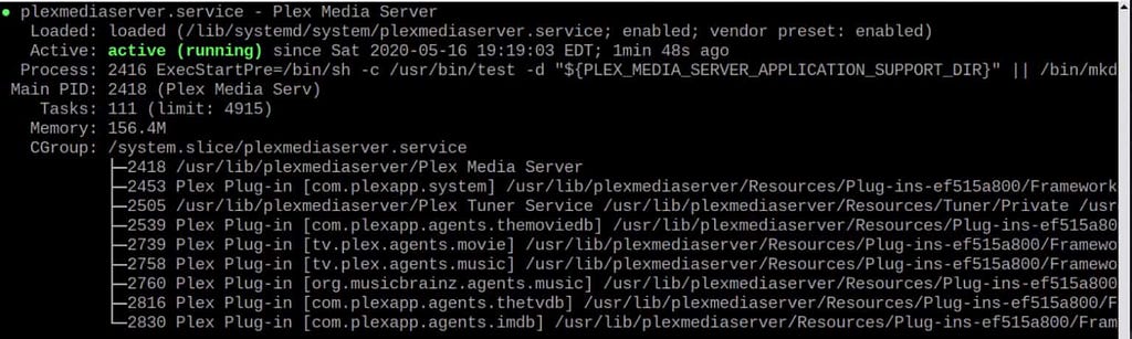 An image to verify the Plexmediaserver service status after installation