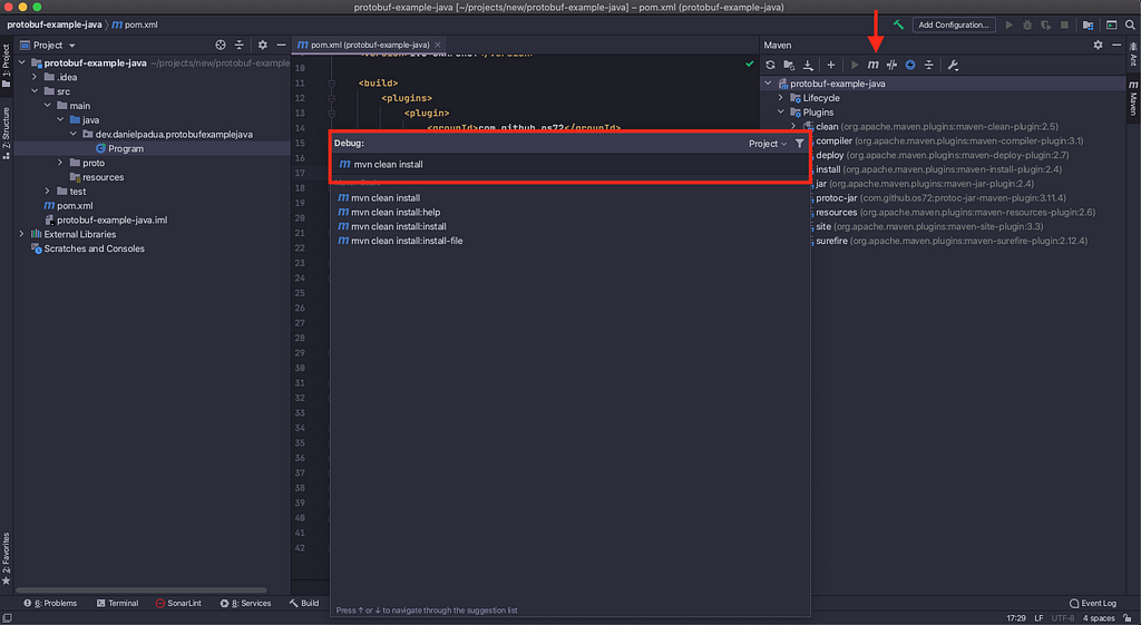 An image showing integrated maven in IntelliJ ready to execute a clean install goal
