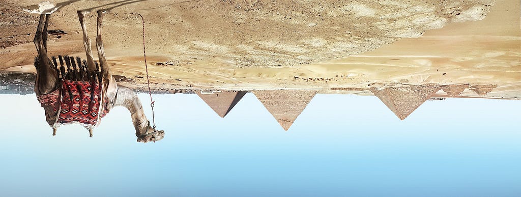 Three pyramids and a camel in an image that has been flipped upside-down