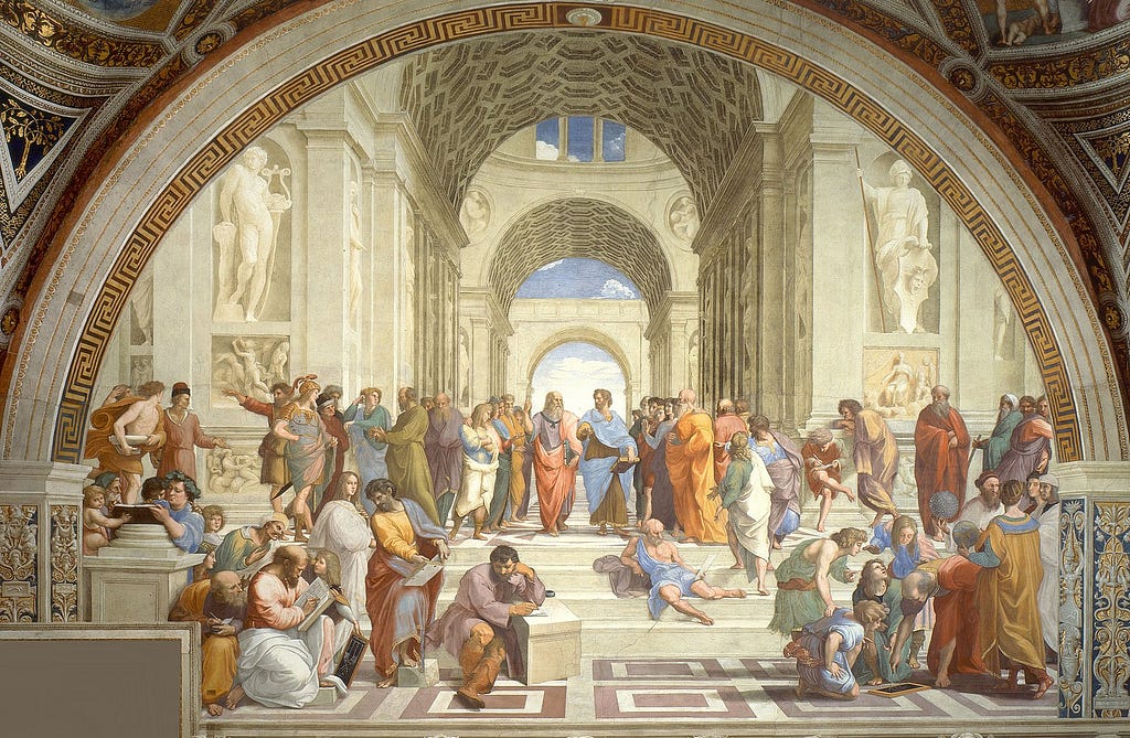 This painting ‘ School of Athen’ by Raphael depicts all the greatest mathematicians, philosophers and scientists from classical antiquity gathered together in a grand hall to share their ideas and learn from each other.