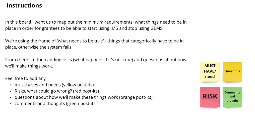 Screenshot of an instruction pane I recently used in Miro. There are 4 paragraphs of text and an unordered list explaining the objective of the task and the specific activity.