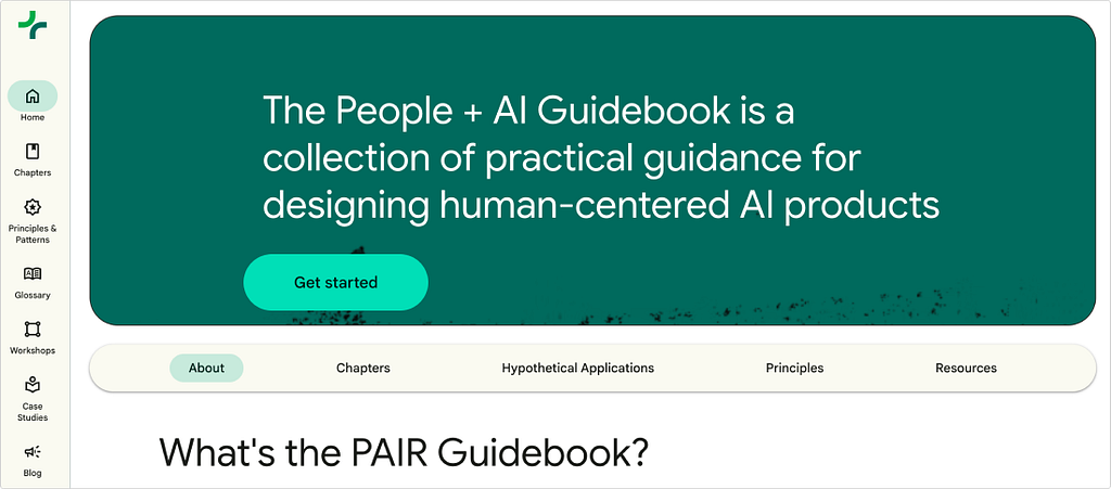 The People + AI Guidebook homepage with a dark green banner reading “The People + AI Guidebook is a collection of practical guidance for designing human-centered AI products”, with navigation options for Chapters, Principles and Patterns, Workshops, and Case Studies.