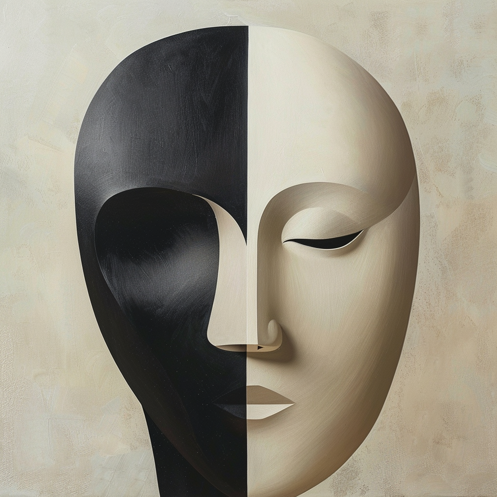 Postminimalism art of a mask, in beige and black color