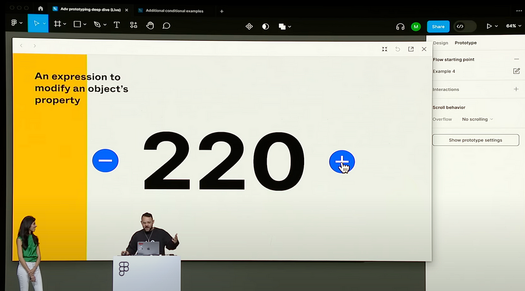 Screenshot from a Config 2023 demo of using variables in advanced prototyping in Figma to have an automatic count in a stepper component.