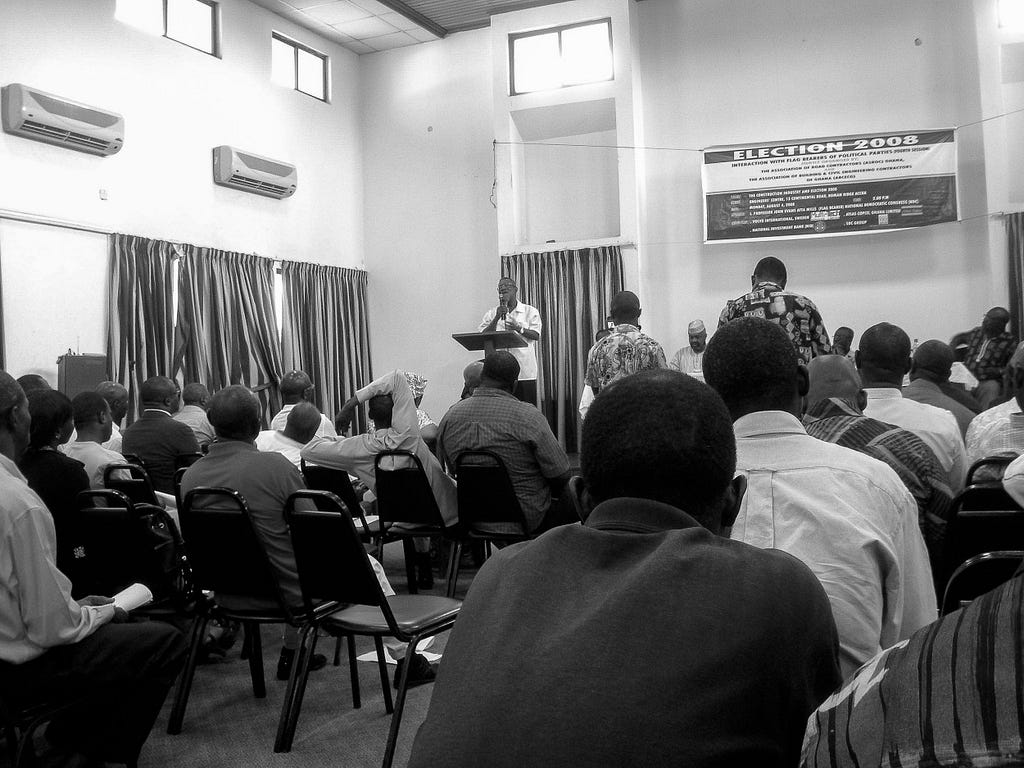 Professor Atta Mills speaks to Contractors at the Interaction with Flag Bearers of Political Parties at the Engineers’ Centre in Roman Ridge. Accra, Ghana, August 4, 2008.