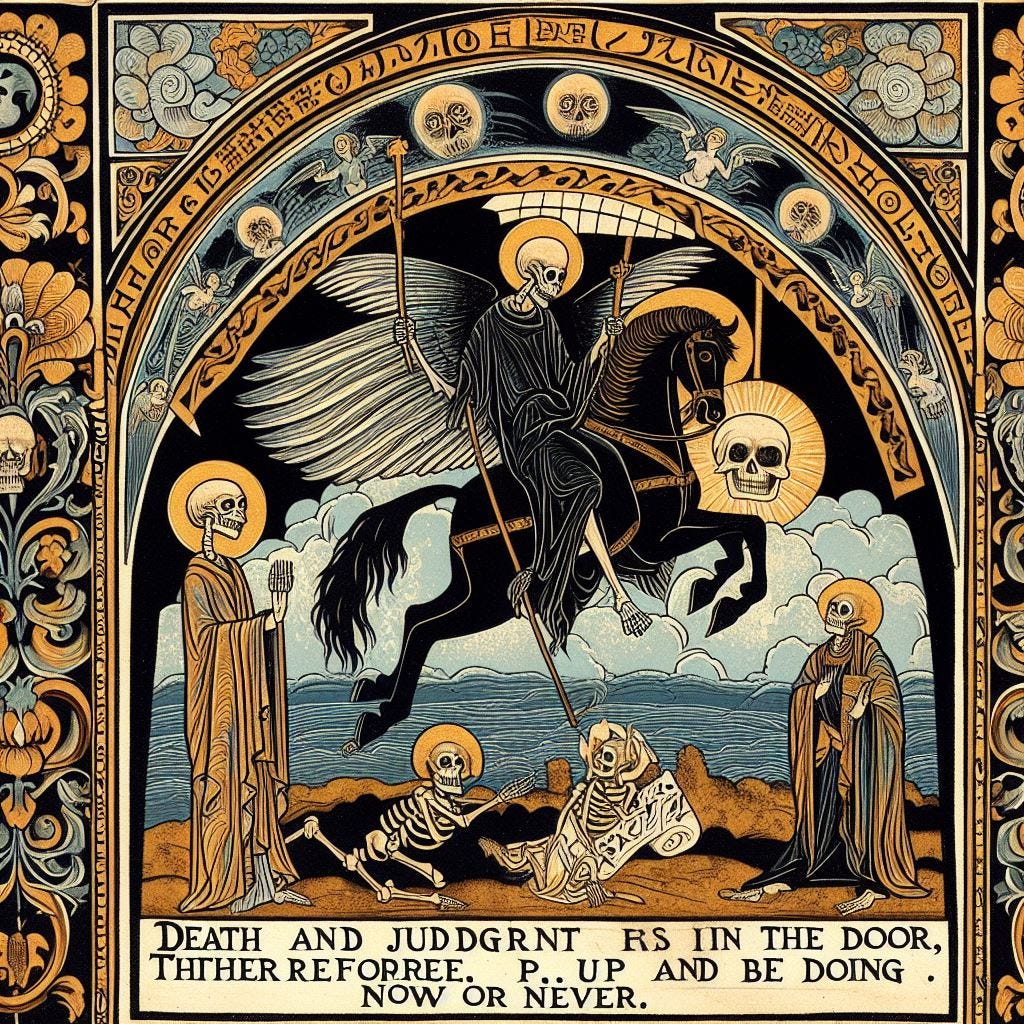 Death riding a black flying horse. That reminds us time is short, and we need a sense of urgency.