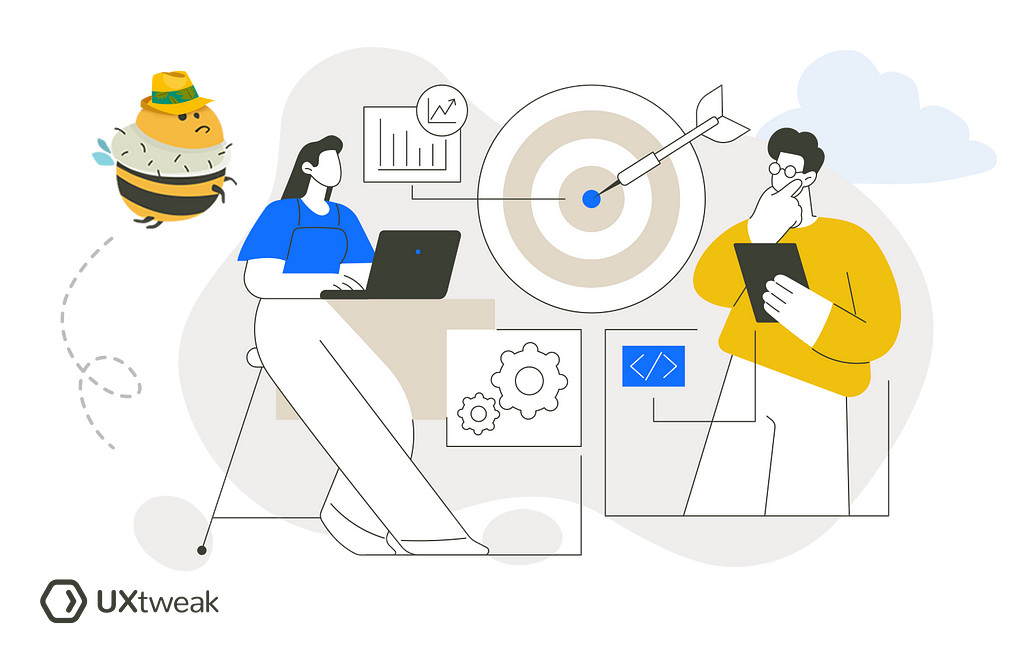 An illustration depicting a team collaborating on data analysis, with characters representing different roles like data scientists, analysts, and developers working together with visual charts, coding interface, and target icon.